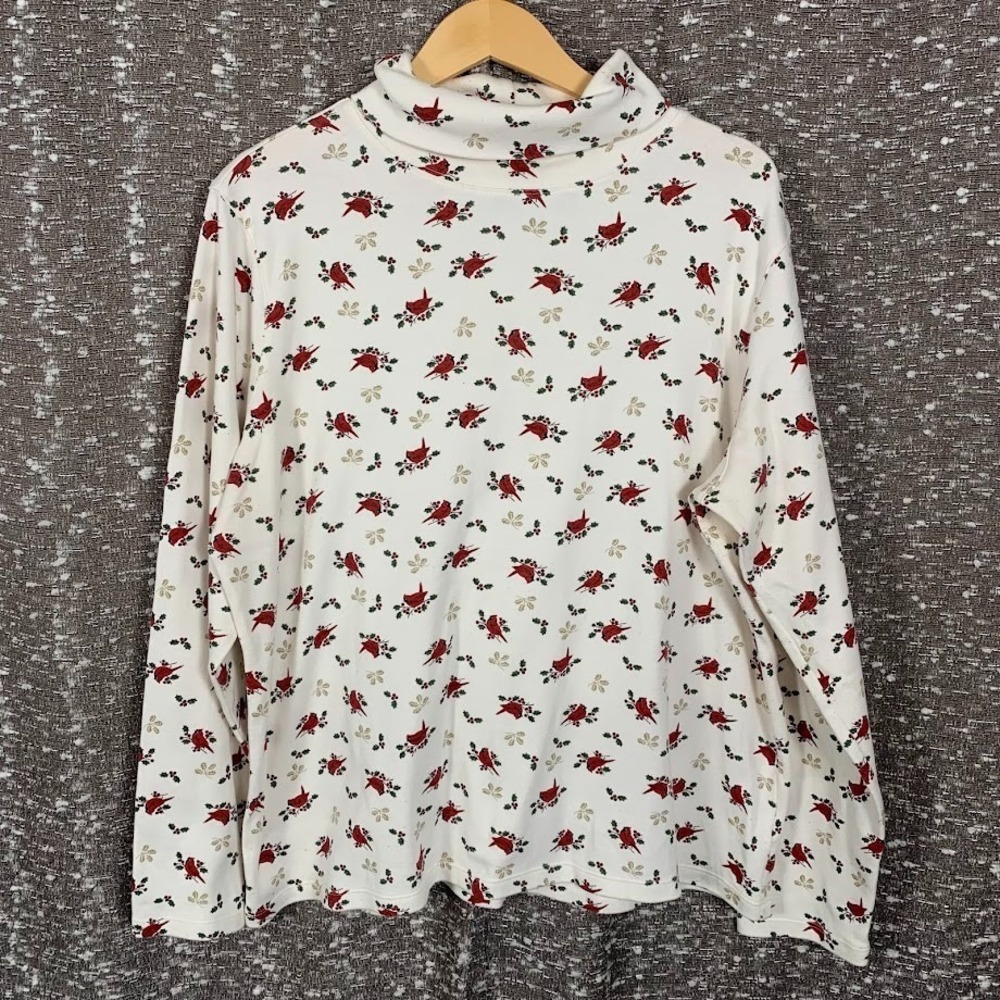 Mountain Lake Cardinal Print Turtleneck Shirt Christmas Holiday Women's XL